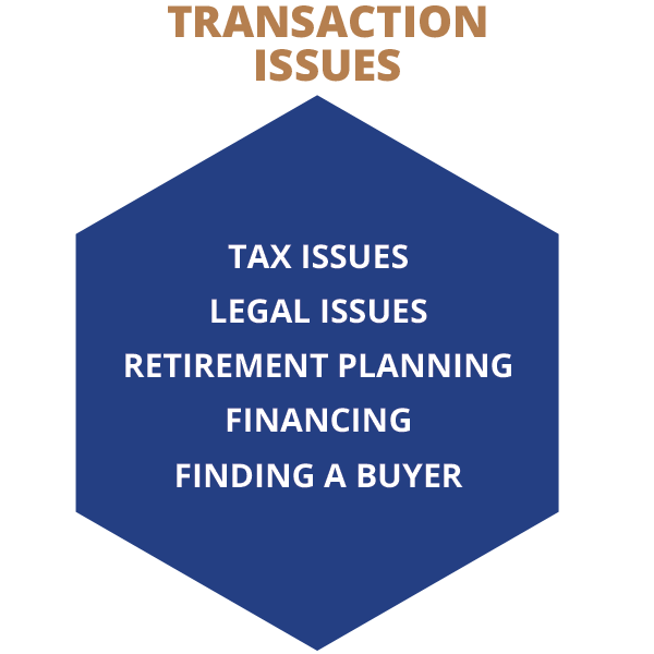 Transaction issues: Tax issues, legal issues, retirement planning, financing, finding a buyer